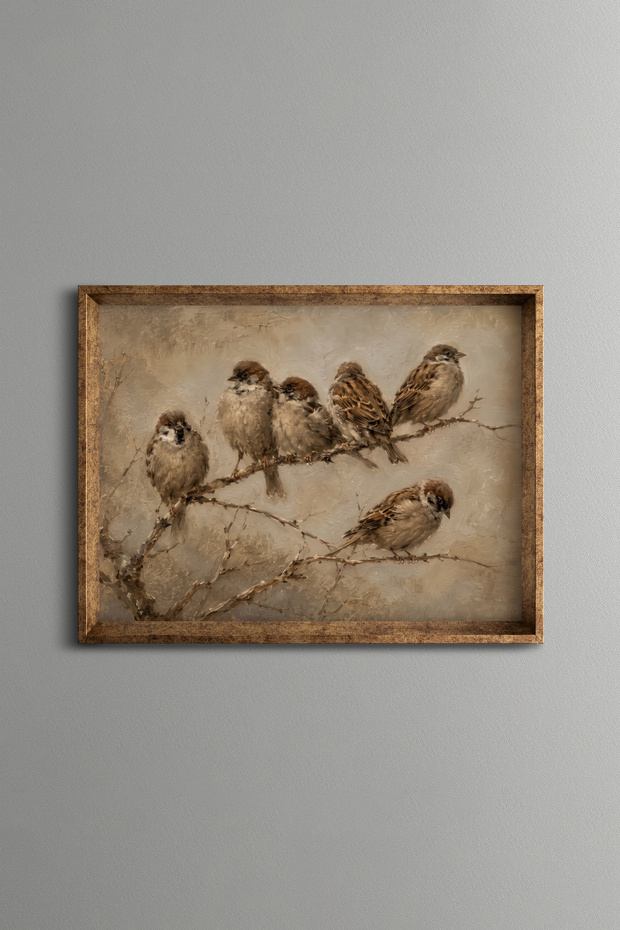 Six Sparrows on a Branch - Vintage Patterned Painting - Fine Model