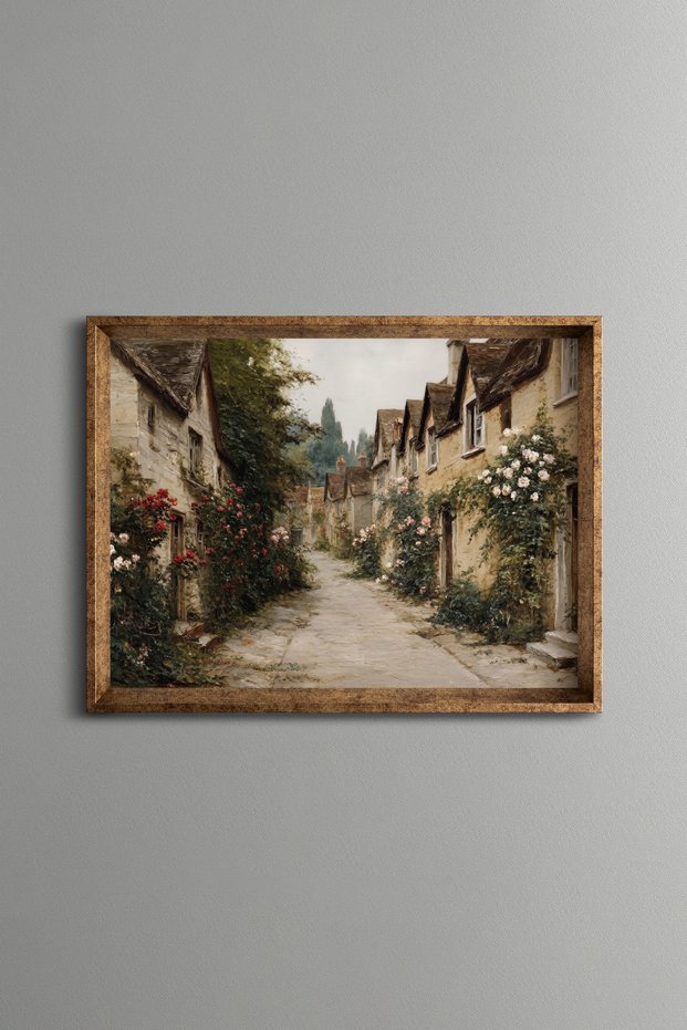 Stone Houses and Village Street Decorated with Flowers - Vintage Patterned Painting - Fine Model