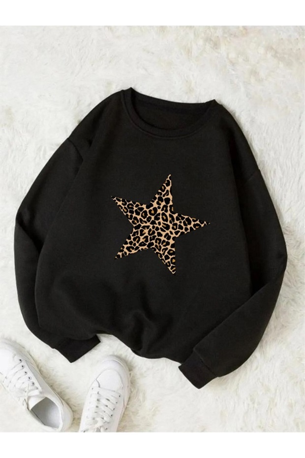 Women's Oversize Winter Sweatshirt Star Printed Crew Neck Casual Sweatshirt