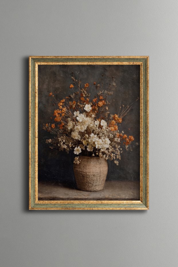 White Flowers and Autumn Branches in Wicker Basket - Vintage Patterned Painting - Fine Model