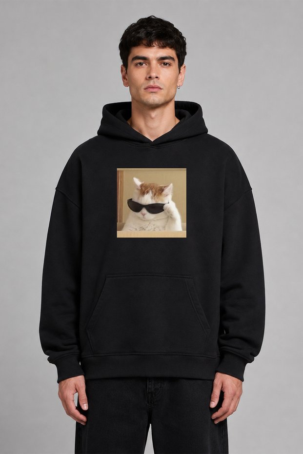 Cat with Glasses Design Pre-Printed Oversize Black Hooded Sweatshirt