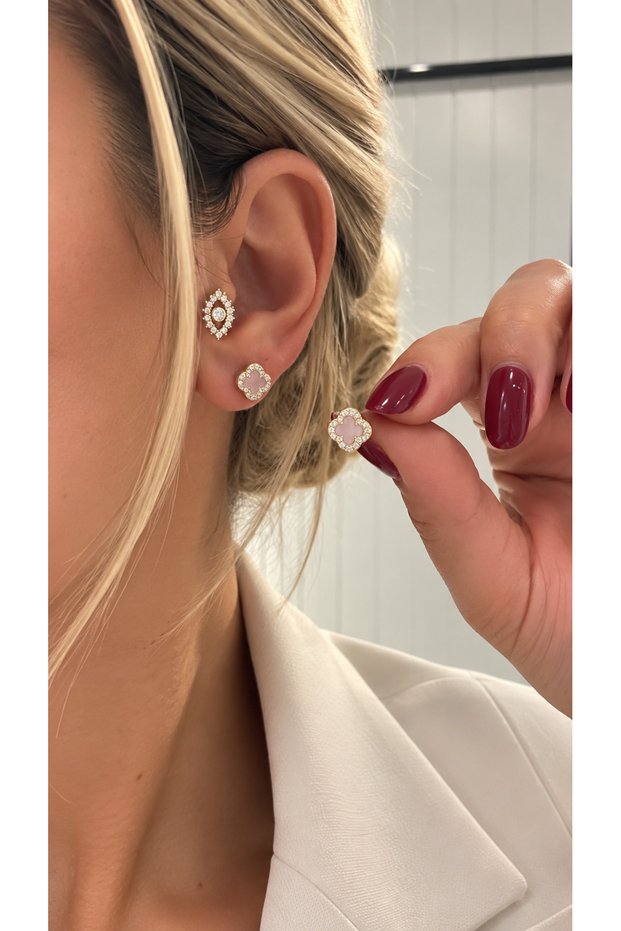 Pink Clover Model Mini Zircon Stone Xp Stainless Steel Earrings
