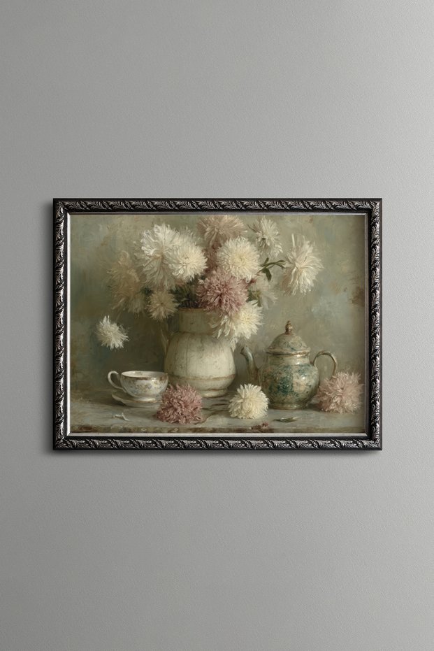 White Flowers and Green Porcelain Tea Set - Vintage Patterned Painting - Fine Model