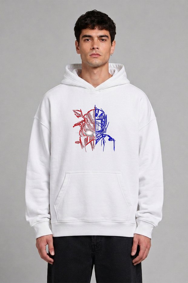 Motorcycle and Helmet Design Pre-Printed Oversize White Hooded Sweatshirt