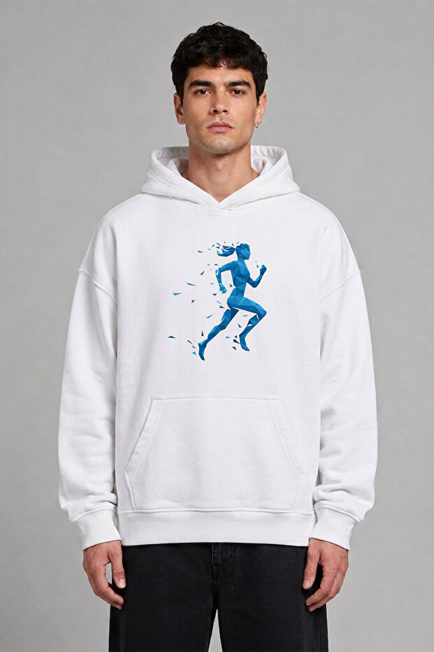 Runner 3 Design Pre-Printed Oversize White Hooded Sweatshirt