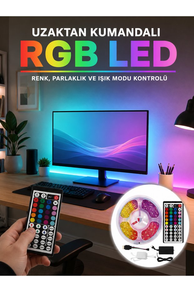 Rgb Led Strip with Remote Control 5 Meters 12V 5050 Smd Multi Color Decorative Light Set