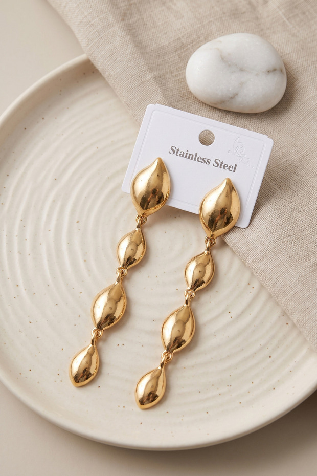 316L Steel Gold Color Leaf Motif Long Design Earrings -