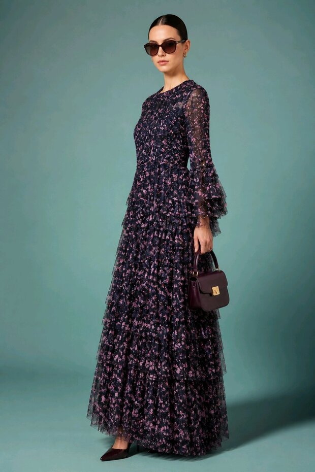 Women's Navy Blue Purple Floral Patterned Layered Ruffled Tulle Layered Long Evening Dress / Evening Gown
