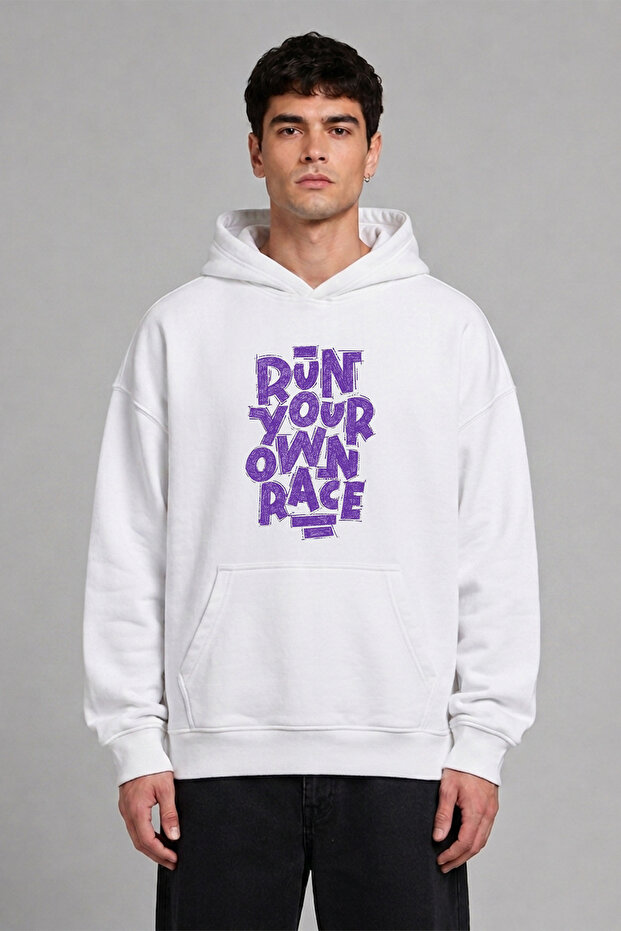 Run Your Win Design Pre-Printed Oversize White Hooded Sweatshirt