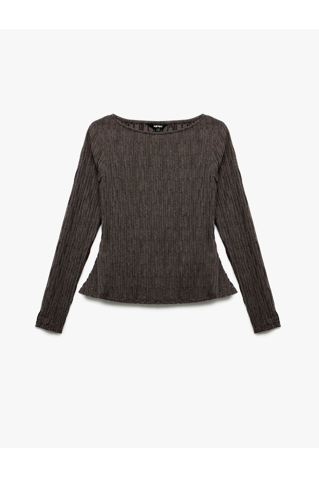 Slim Fit Wrinkled Fabric Long Sleeve Boat Neck Peplum T-Shirt