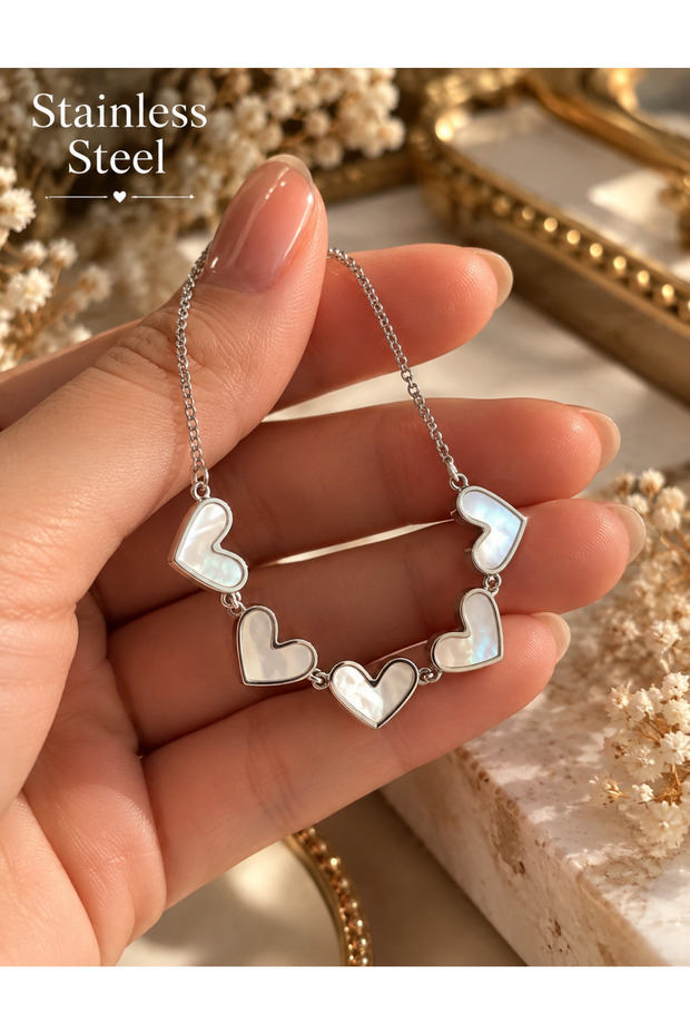 5-Row White Stone Model Steel Necklace with Silver Color Chain