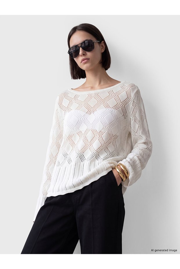 Alita City Farkıyla Lcw Comfort Ecru Knitwear Openwork Oval Neck Women's Sweater