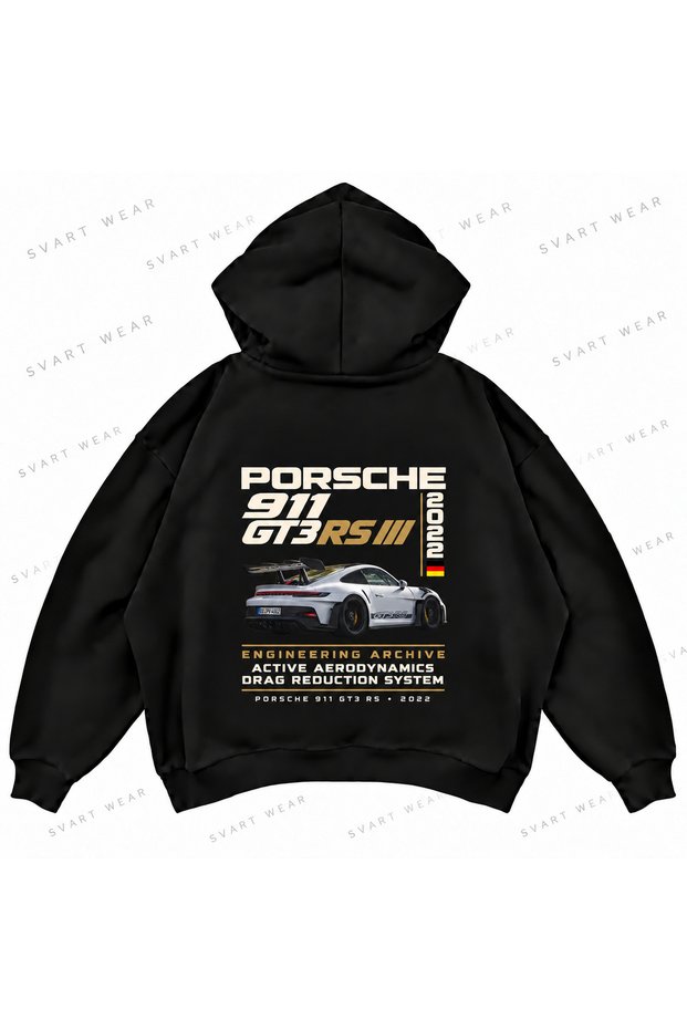 Porsche 911 Gt3 Rs Printed Black Oversize Boxy Hoodie Sweatshirt