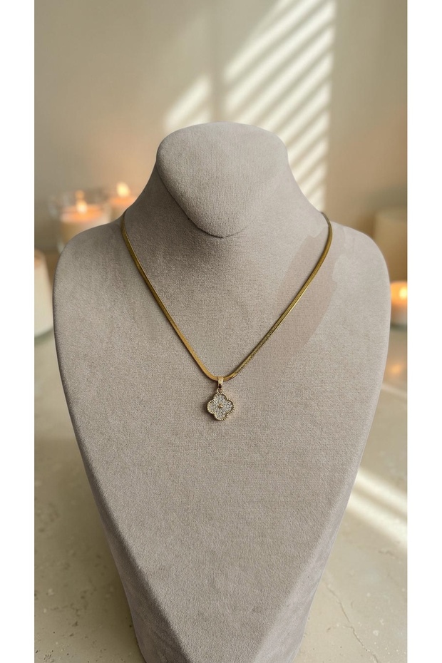 Steel Necklace with Zircon Stone and Clover Figure