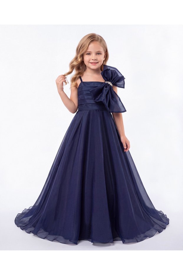 Babyaden Thin Strap Collar with Big Bow Girl's Long Evening Dress