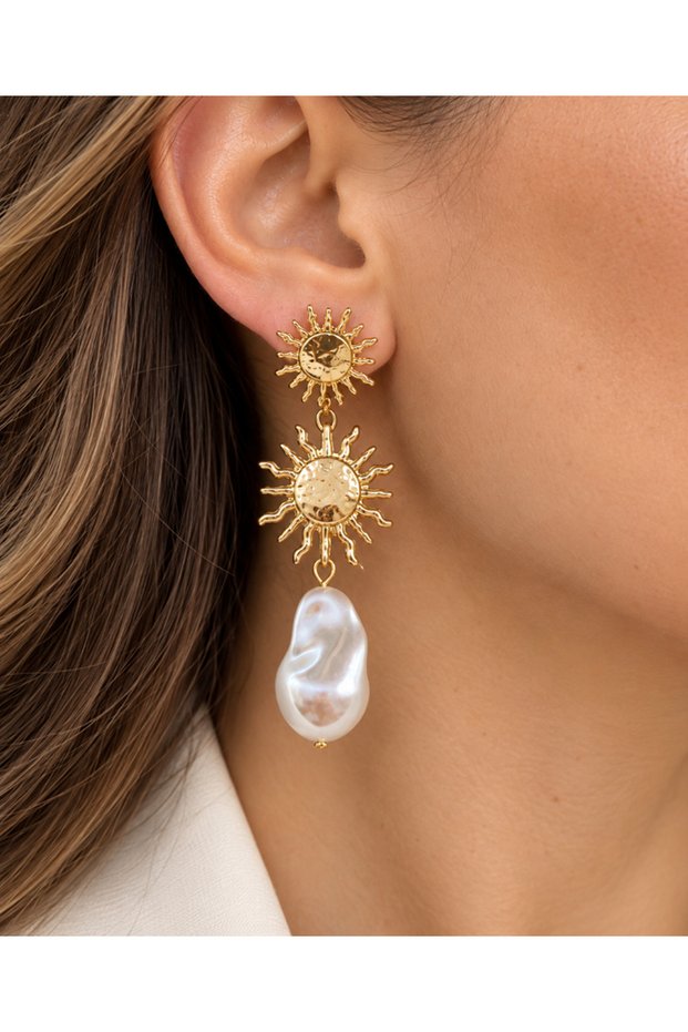 Gold Color, Sun Figure, Pearl Dangle Earrings Acr9710