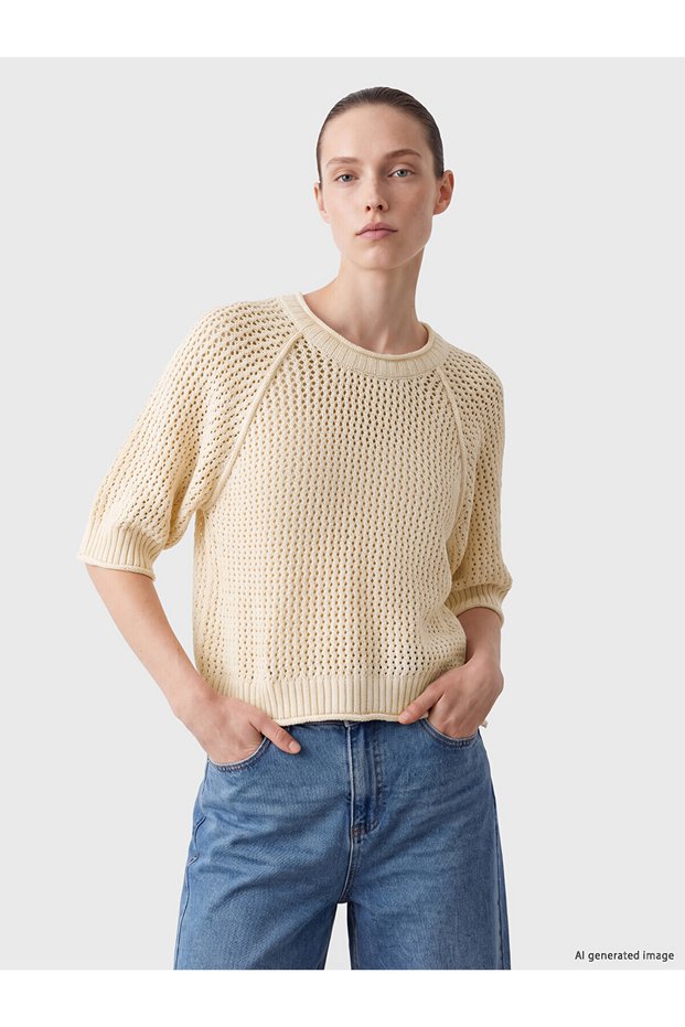 Alita City Farkıyla Lcw Comfort Ecru Knitwear Openwork Oval Neck Women's Sweater