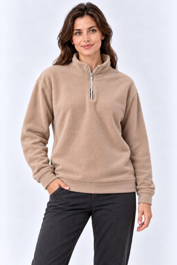 Women's Fleece Stand Collar Half Zipper Long Sleeve Regular Fit Winter Sweatshirt - Beige