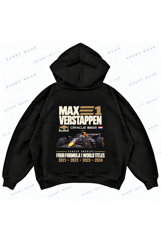 Max Verstappen F1 Printed Black Oversize Boxy Hoodie Sweatshirt