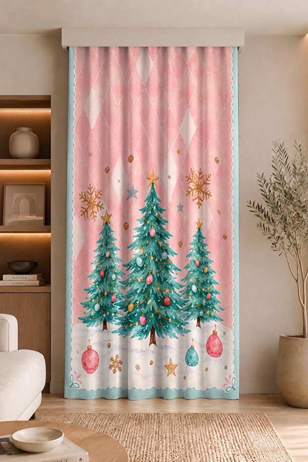 Christmas Pine Trees, Star and Snowflake Patterned Digital Printed Single Wing Background Curtain (Throw Pillow Cover)