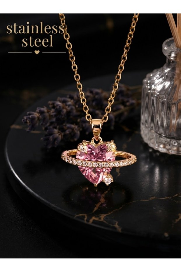 Rose Pink Heart Motif Steel Necklace with Gold Color Chain
