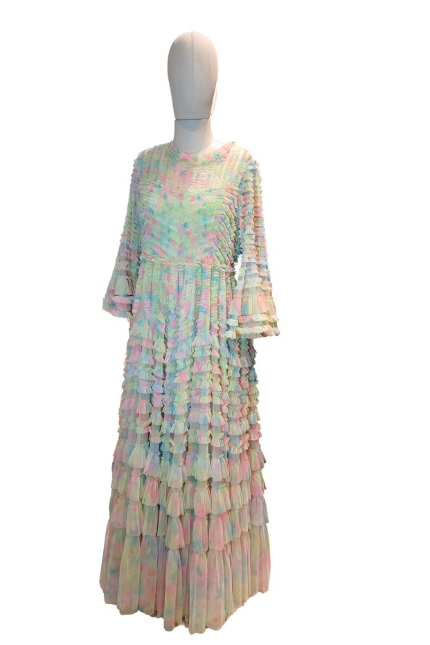 Women's Pastel Marbled Colorful Layered Ruffled Tulle Layered Long Evening Dress / Evening Gown