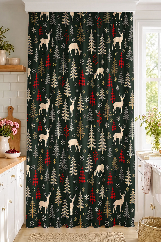 Deer and Pine Tree Patterned Digital Printed Single Wing Background Curtain (with Cushion Cover as a Gift)