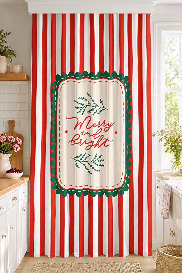 Merry and Bright Written Striped Digital Printed Single Wing Background Curtain (with Pillowcase as a Gift)