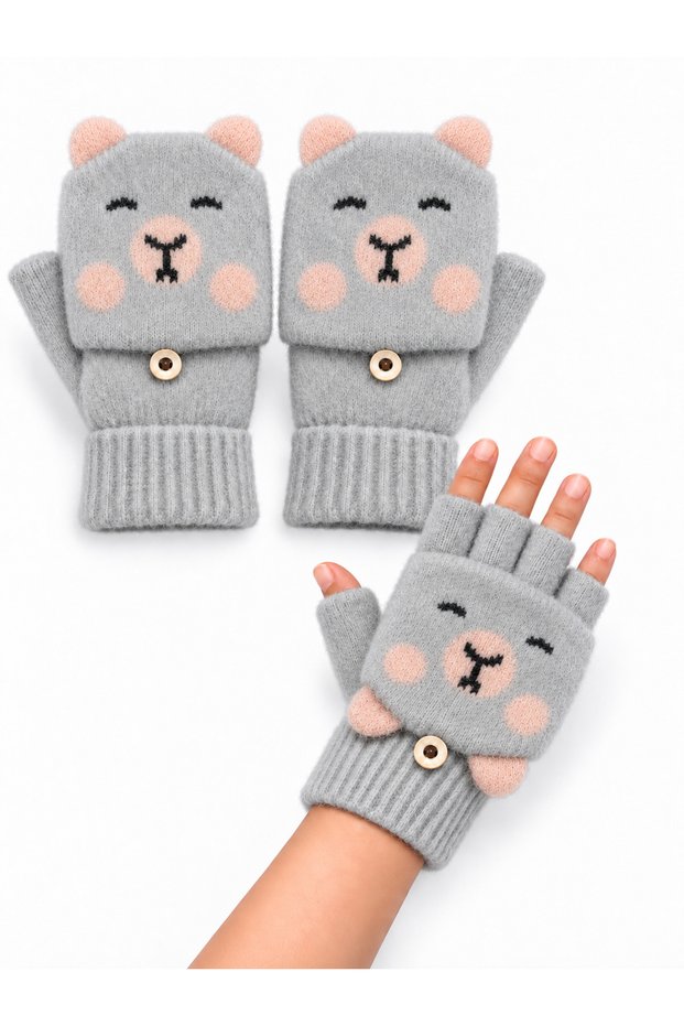 Capybara Kapibara Patterned Gray Capped Fingerless Angora Knitted Men's Teen Girls' Gloves Winter Buttoned Half Finger Gloves