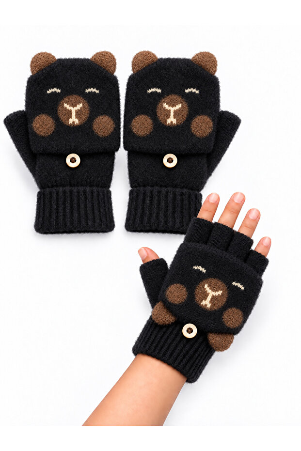 Capybara Kapibara Black Patterned Covered Fingerless Angora Knitted Men's Teen Girls' Gloves Winter Buttoned Half Finger Gloves