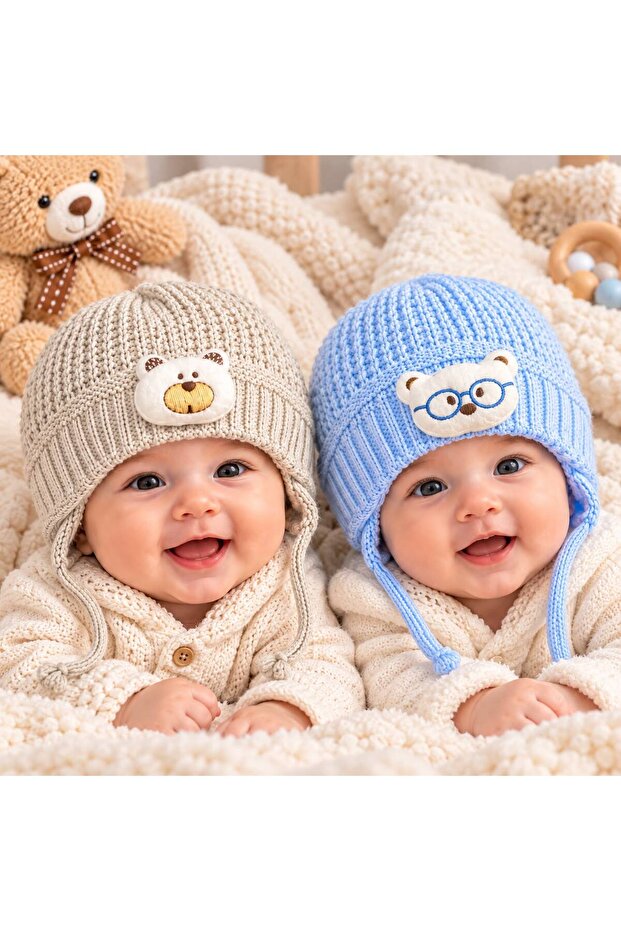 2 Pieces of Knitted Baby Hats 0-1 Year Old Gray Blue Special Boxed