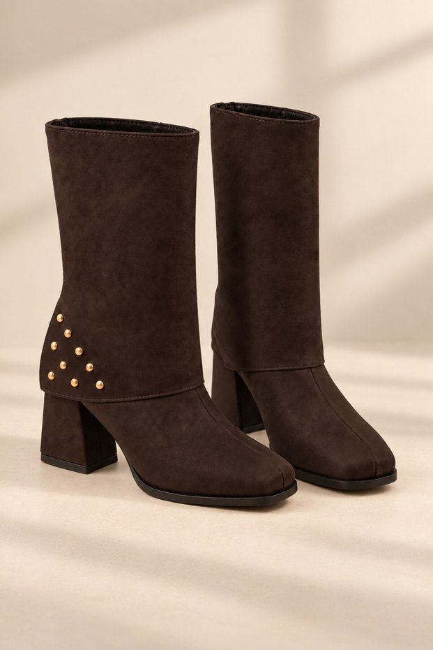 Vi̇yora Women's Boots with Blunt Toe and Studded Detail on Thick Heel