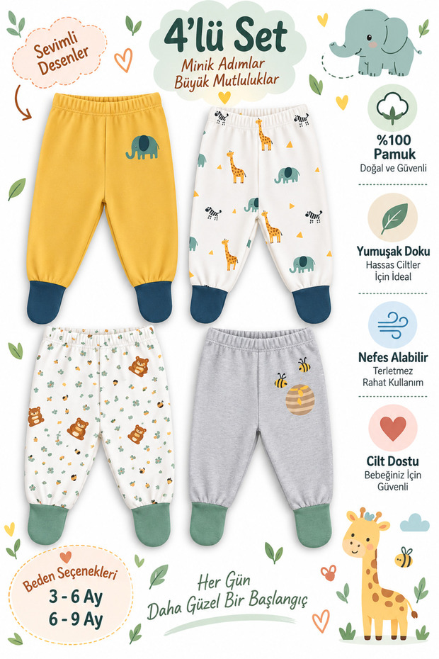 Baby&Child Organic Booties Pants with Self-Socking Bottoms Pajamas Transitional Cotton Set of 4