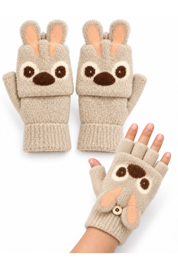 Cute Cream Kuala Stitchhh Patterned Covered Fingerless Angora Knit Men's Teen Girls' Gloves Winter Buttoned Half Finger Gloves