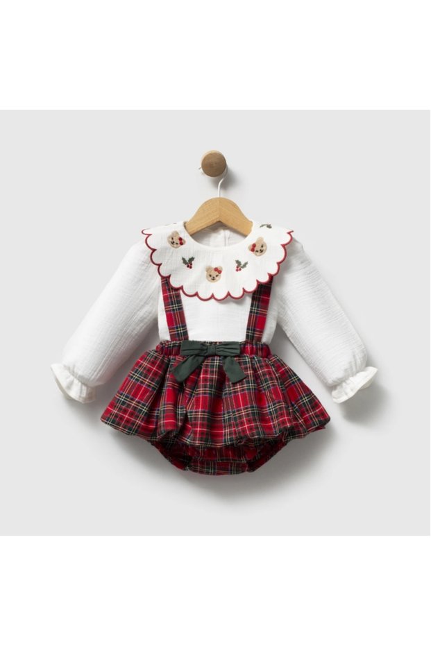Baby Girl Teddy Bear Embroidered Baby Collar Blouse and Plaid Suspender Shorts 2-Piece Set 100% Cotton