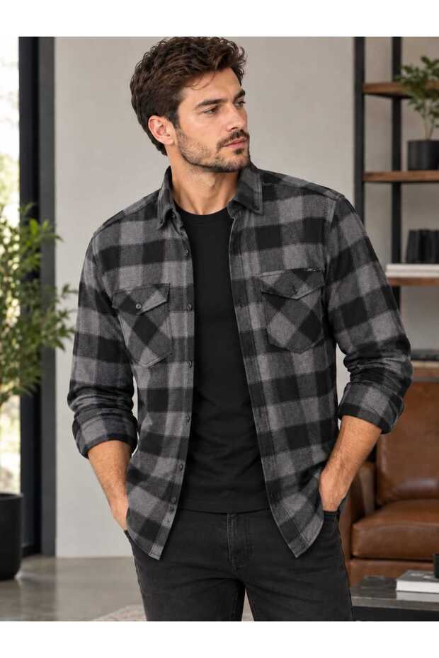 Men's Checkered Double Pocket Lumberjack Shirt with Buttons