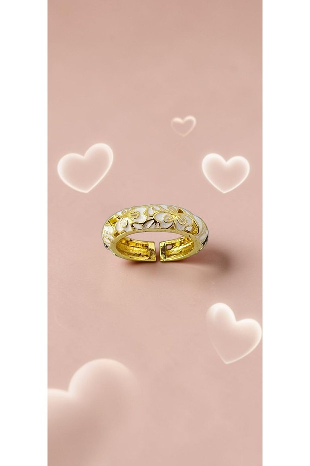Floral Motif Yellow and White Enamel Adjustable Steel Ring - Tarnish Resistant
