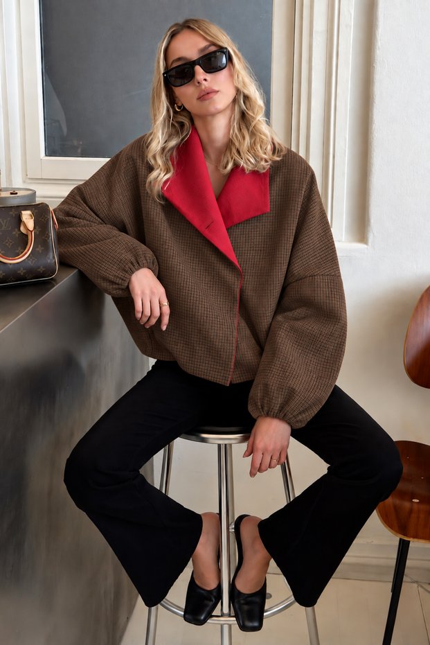 Women's Brown Plaid Trench Coat - Red Collar Detail - 9860-Standard Size - Brown