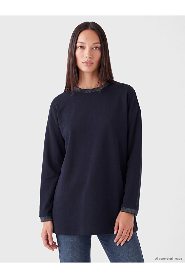 Two Mt Shop Quality Lcw Everyday Navy Blue Soft Touch Oversize Women's Sweatshirt Tunic