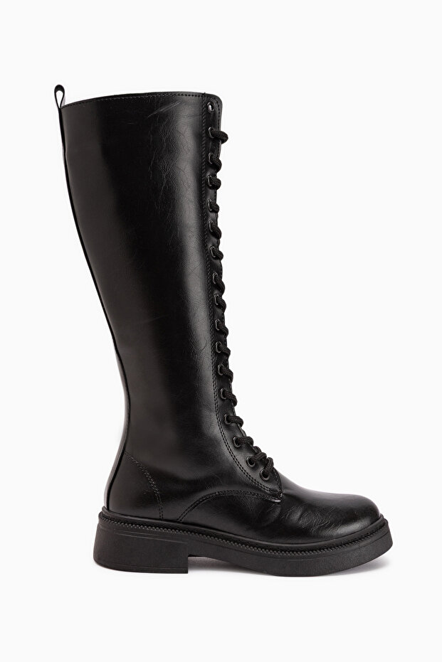 Roya Black Leather Lace-Up Long Boots Women's Boots