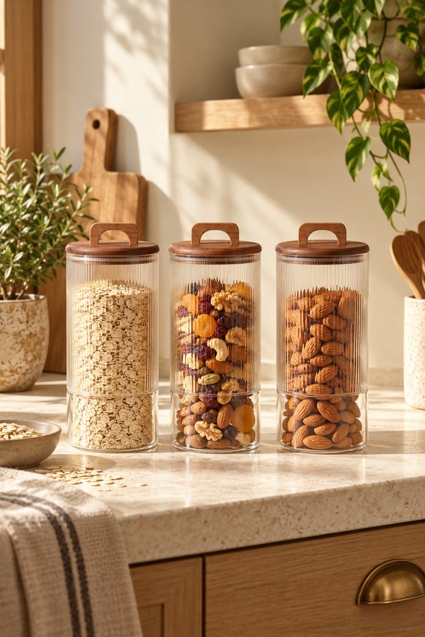 Acacia Lid Borosilicate Glass Storage Jar Set of 3 – Stylish Striped Design
