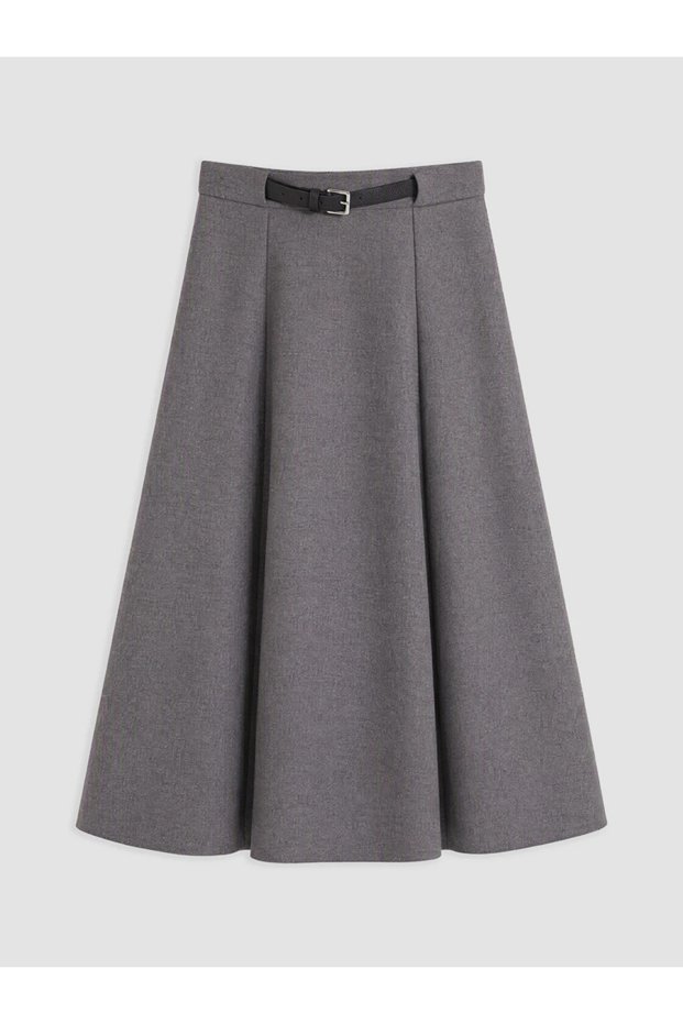 Gray Belted Pleated A-Line Midi Skirt
