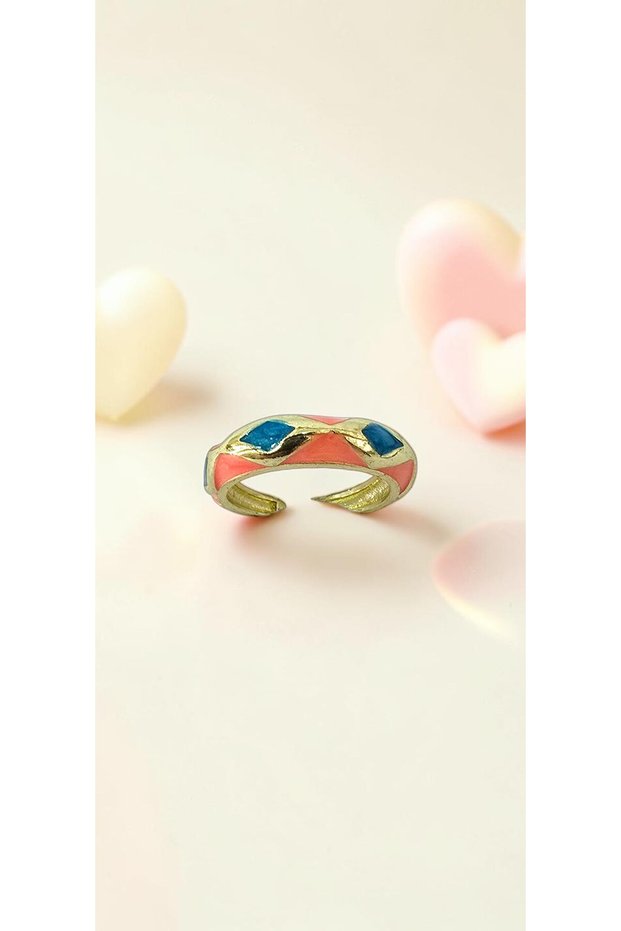 Baklava Patterned Pink Blue Enamel Adjustable Steel Ring