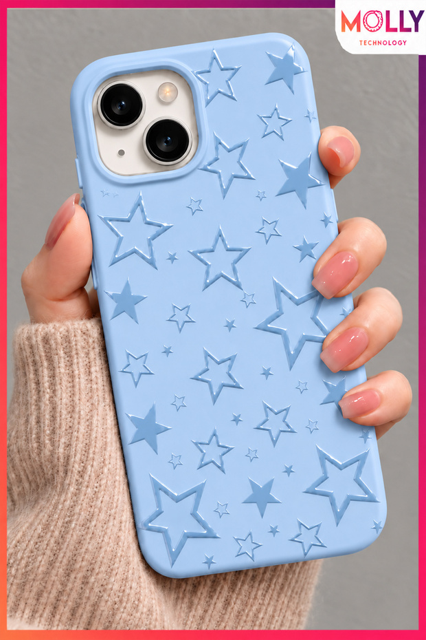 Baby Blue Glossy Star Pattern Silicone Case for iPhone 13/14