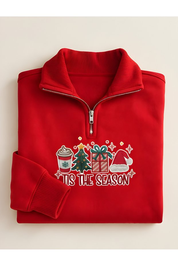 New Season 3 Threaded Combed Cotton Half-Zipper Christmas Themed Sweatshirt