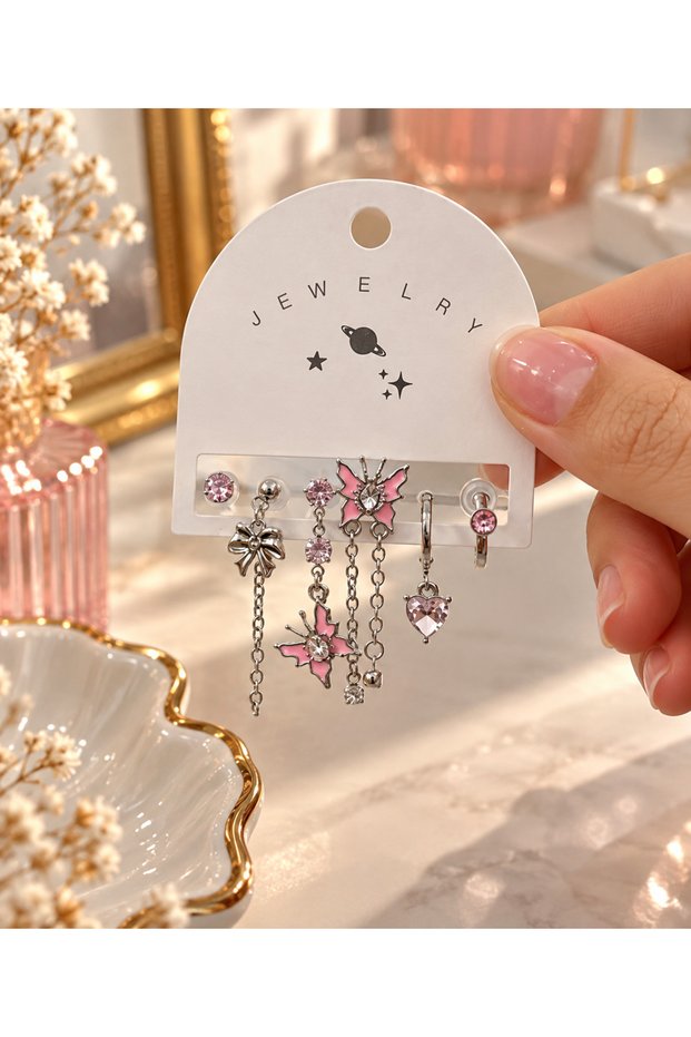 Pink Stone Butterfly Earring Set – Multi-Dangle Earring Set with Heart and Chain Detail