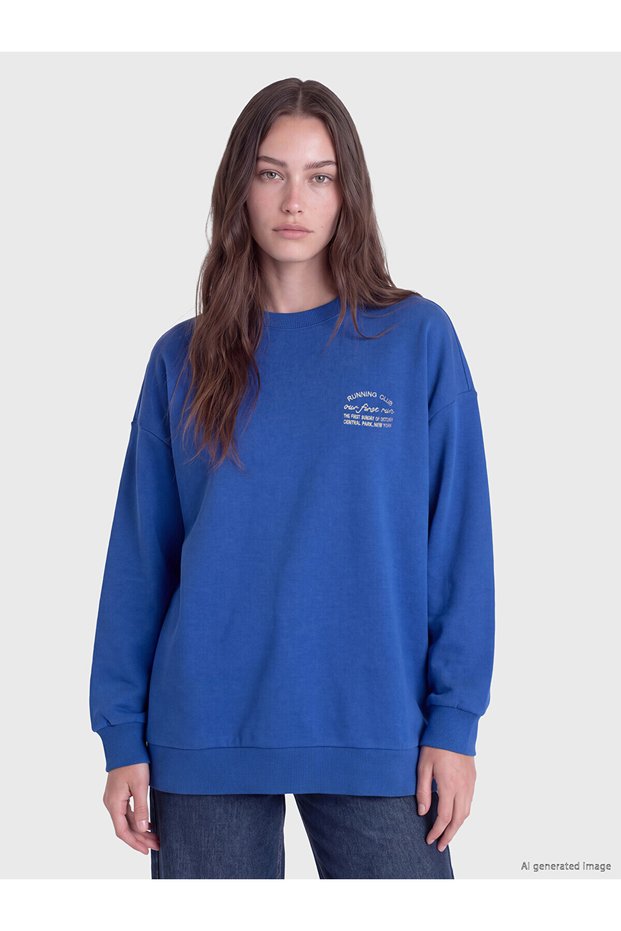 Two Mt Shop Quality Lcw Modest Blue 3 Thread Raster Printed Loose & Baggy Women's Sweatshirt Tunic