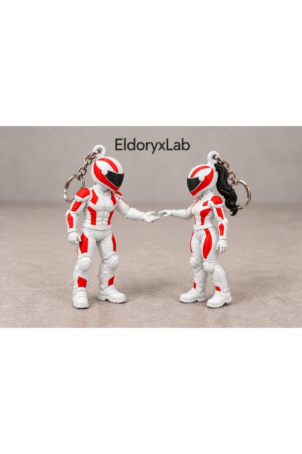 Couples' Special Biker Figure Keychain Set with Helmets - Black-Haired Female and Male 2-Piece 3D Printing
