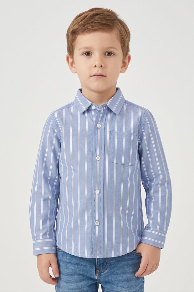 Toddlers Boy Stripe Long Sleeve Casual Shirt, Denim Blue