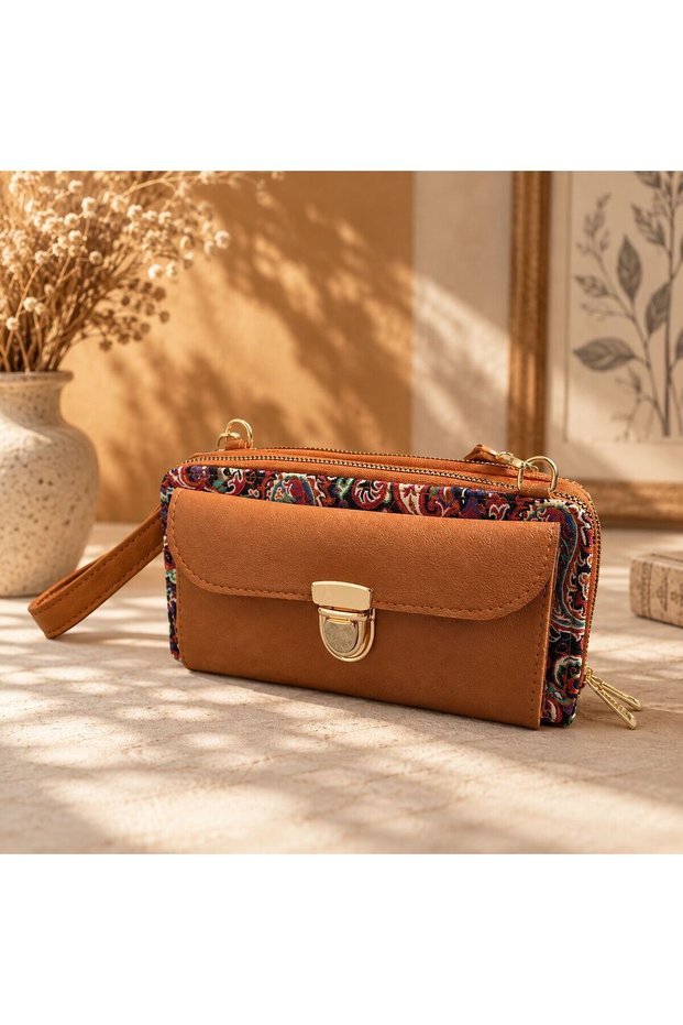 Cnt-6029 Tan Black Paisley Patterned Tapestry Crossbody Wallet Bag | Eos Collective
